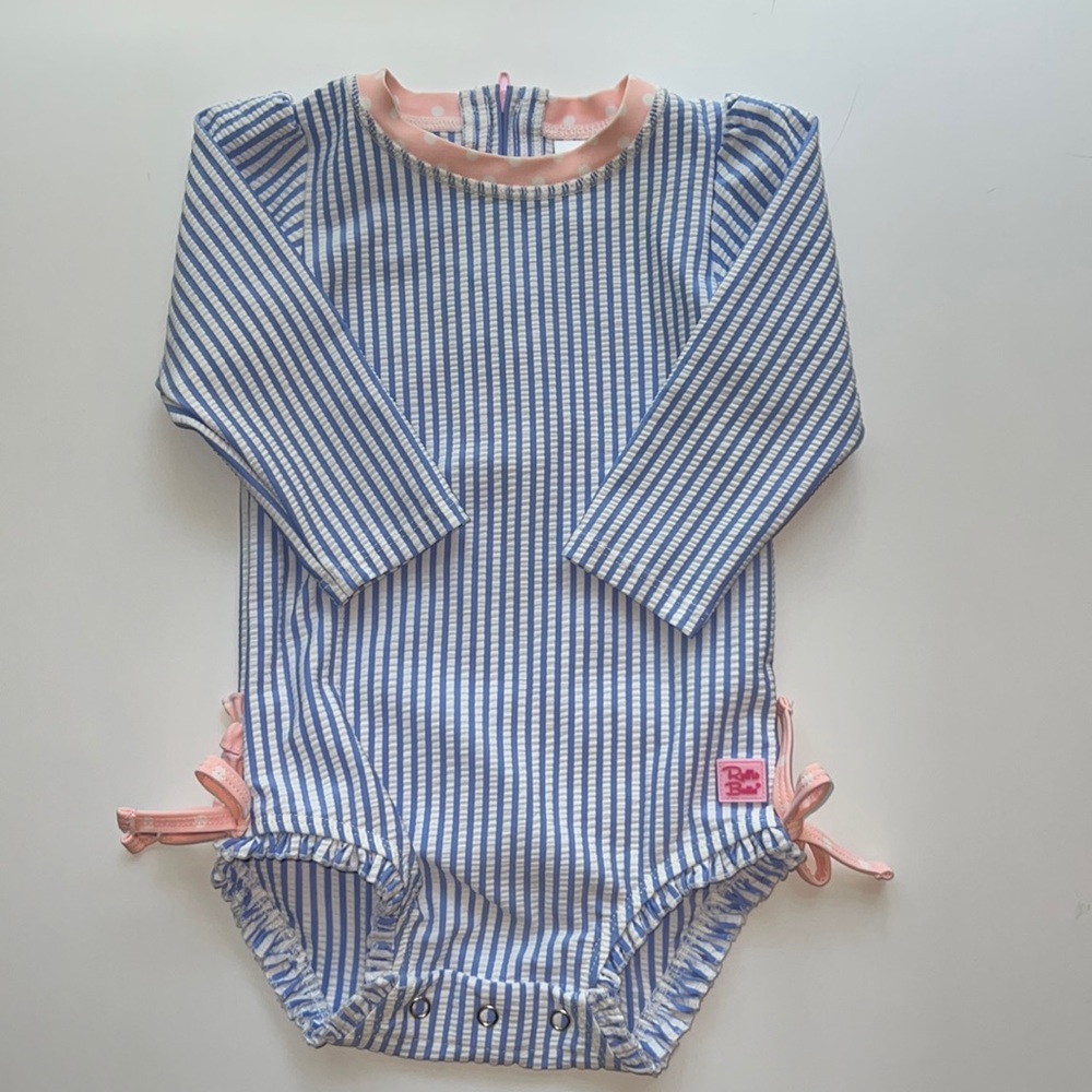 Ruffle Butts Seersucker Long Sleeve Rash Guard One Piece